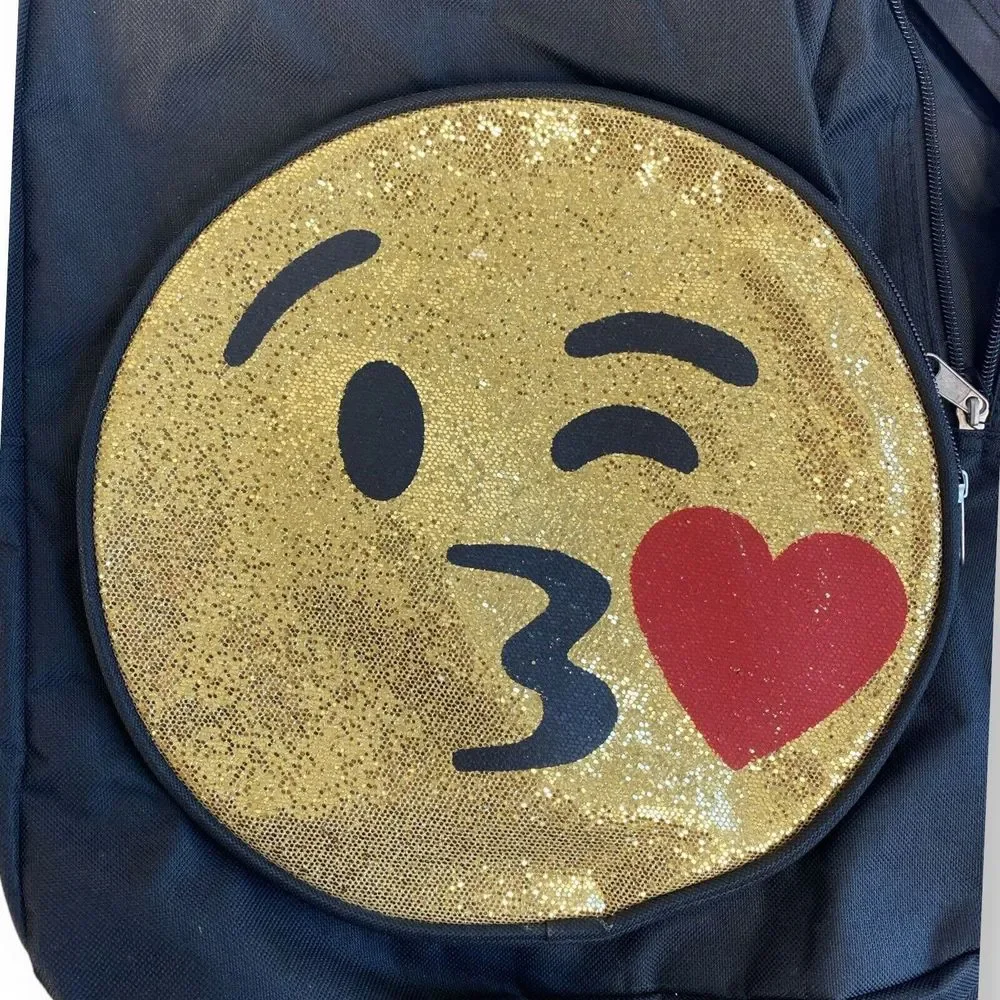 Kids Emoji Backpack Kiss‎ Face Sequin School Bag Black Gold Heart Cute B72Q